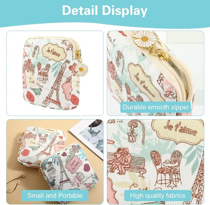 Amabro Sanitary Napkin Storage Bag, 2PCS Period Bags Cute Sanitary Pad Storage Pouch Tampon Pantyliners Menstrual Purse Daisy Zipper for Women Teen Girls School Travel Feminine Product(Tower)