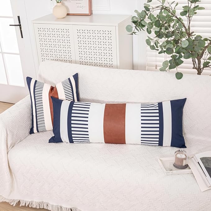14x36 Lumbar Pillow Cover, Navy Blue Stripe and Brown Faux Leather Color Block Long Throw Pillow Case for Couch Bed Sofa, Farmhouse Modern Decorative Body Cushion Cover for Covered Porch