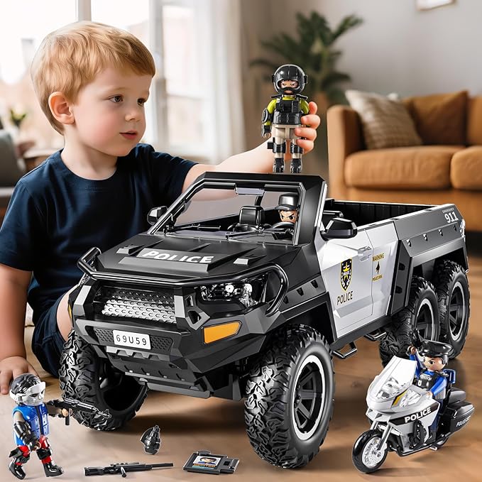 Police Car Toys for Boys 3-5, Play Vehicles for Boys Girls Ages 3-12 with Light and Sound, Role Playing Police Truck Toys, Toddler Truck Gifts for Kids Ages 4-8
