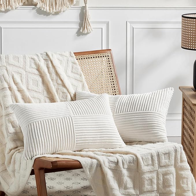 Fancy Homi 2 Packs Cream White Lumbar Decorative Throw Pillow Covers 14x24 Inch for Couch Bed Sofa, Rustic Farmhouse Boho Home Decor, Soft Striped Corduroy Rectangle Accent Cushion Case 35x60 cm