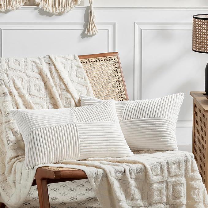 Fancy Homi 2 Packs Cream White Long Lumbar Decorative Throw Pillow Covers 16x24 Inch for Couch Bed Sofa, Rustic Farmhouse Boho Home Decor, Soft Striped Corduroy Rectangle Accent Cushion Case 40x60 cm