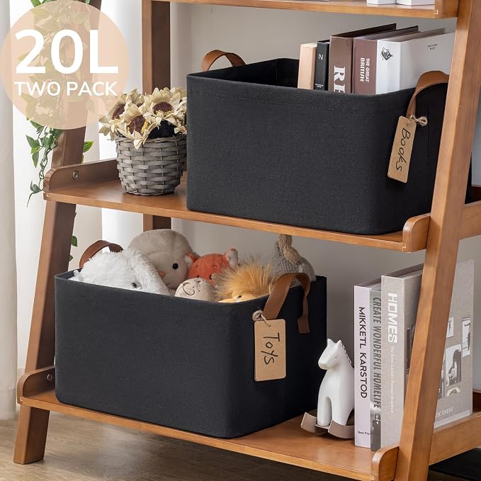 CHICVITA 20L Fabric Storage Bins with Handles, Metal Frame, 2-Pack, Black | 14 ¾" L x 10 ¼" W x 8 ¼" H, Clothes, Towels, Toys & Books Storage, Living Room, Bedroom & Entryway Organization