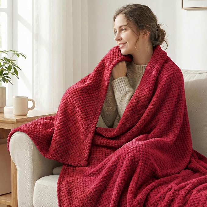 Exclusivo Mezcla Soft Waffle Fleece Bed Blanket Twin XL Size, Deep Red | Lightweight Plush Blanket for Bed, Couch, Sofa, Cozy Fluffy Design for Bedroom, Guest Room, All Season, 90x66 Inches