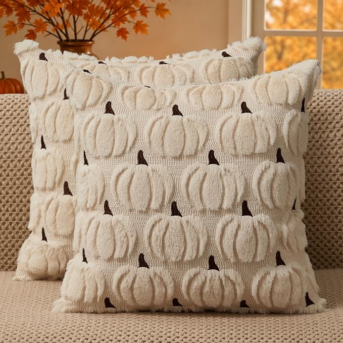 DFXSZ Fall Pillow Covers 20x20 2Pcs Beige Brown Pumpkin Fall Decorations | Fall decor Set of 2 Throw Pillow Cases Soft Plush Faux Fur Wool Couch Cushion for Chair Sofa Bedroom Living Room Home Decor