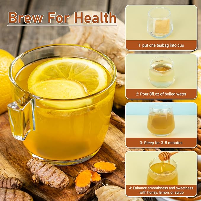 Turmeric Ginger Cinnamon Tea Bags, Pure Natural Ginger Turmeric Herbal Blend Tea with Cinnamon for Promoting Digestion, Boosts Immunity, Caffeine-Free, No Additives (120 Bags/1 Pack）