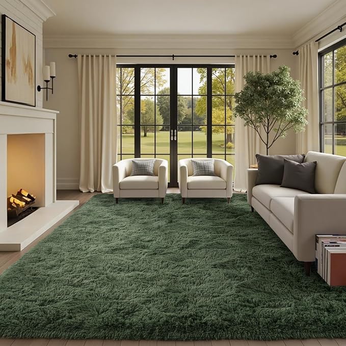 8x10 Ft Extra Large Shag Green Area Rug for Living Room, Ultra Soft Fluffy Furry Rugs for Bedroom Classroom Indoor Floor, Aesthetic Carpet for Kids Home Decor