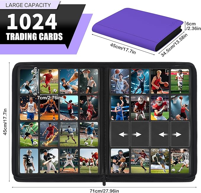 1000+ Pockets Trading Card Binder, 16 Pockets Zipper Binder Card Album, 32 Pack Double-sided Side Loading Non-Ring Card Binder, Card Holder Folders for MTG, TCG, Game Cards & Sports Cards, Purple