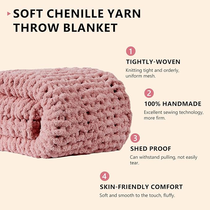 L'AGRATY Chunky Knit Throw Blanket for Couch, 50 x 60 Inches, Rose Pink | Handmade Chenille Crochet Blanket for Sofa Bed, Thick Cable Knitted Blankets for Room Home Decor, Birthday Gift for Women Mom