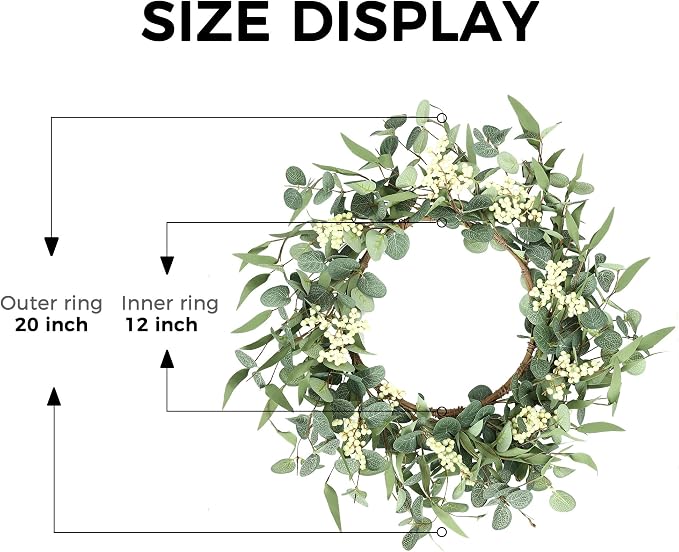 Pinkpum 20'' Eucalyptus Wreath for Front Door, Porch, Window - Green Decor for Home, Farmhouse - Spring, Summer, Fall, All Seasons