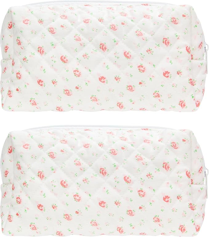 PAZIMIIK Small Quilted Makeup Bag,Zipper Cosmetic Pouch,Gauze Rose,2 Pack | Lightweight Cosmetic Bag Organizer for Women,Purse Storage Holds Makeup,Toiletries,Skincare,Beauty Essentials,Travel Items