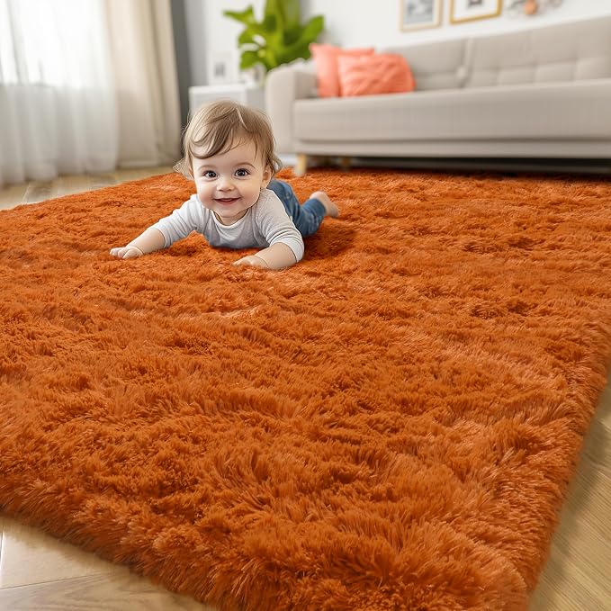 Amdrebio Burnt Orange Area Rugs 9x12 for Living Room Bedroom, Large Fluffy Fuzzy Shaggy Furry Rug for Kids Room Decor Aesthetic, Big Cute Plush Shag Dark Orange Carpet for Classroom Playroom Nursery