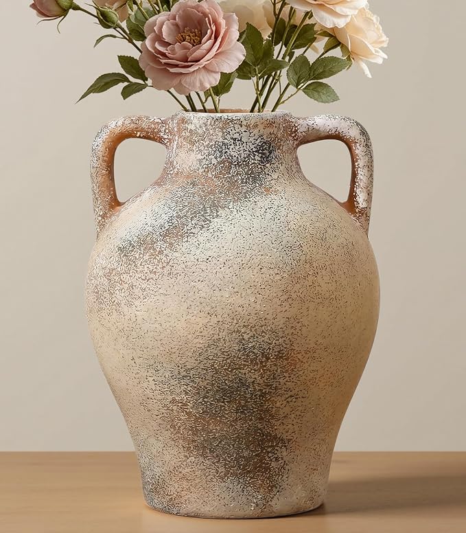 Ceramic Flower Vase, 8.7" Rustic Farmhouse Table Vase, Decorative Pottery Vase with Glazed Interior for Fresh Flowers, Eucalyptus, Entryway, Kitchen, Shelf and Bedroom Decor