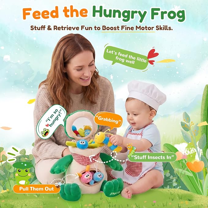 JoyCat Baby Toys 3-18 Months, Frog Montessori Toy Includes 4 Sensory Insects with Rattle, Crinkle, Squeaker & Baby Mirror for Tummy Time, Soft Stuffed Animal Toy for Infants Newborn Boy & Girl Gifts