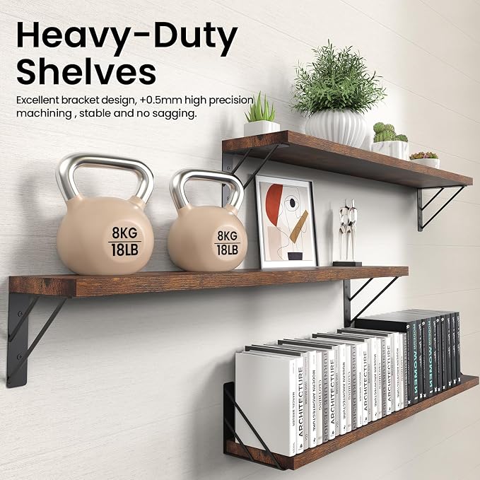 BAYKA Wall Shelves for Bedroom Decor, Floating Shelves for Wall, Display Mounted Rustic Wood Shelf for Books,Plants,Corner Shelves for Bathroom,Kitchen,Living Room(Rustic Brown，36in，Set of 3)