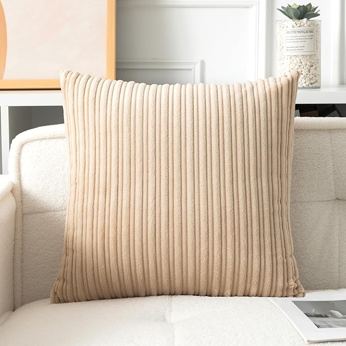 UGASA Velvet 26x26 Inch Soft Throw Pillow Cover Decorative Corduroy Striped Both Sides Solid Square Cushion Case Boho Farmhouse for Couch Bedroom Sofa Home, 1 Piece, Beige