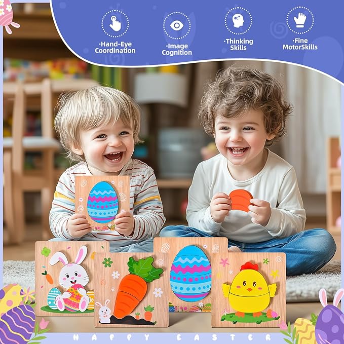 4 Pack Easter Wooden Puzzles for Kids Boys Girls Toddlers Jigsaw Puzzles Toys for Easter Basket Stuffers Party Favor