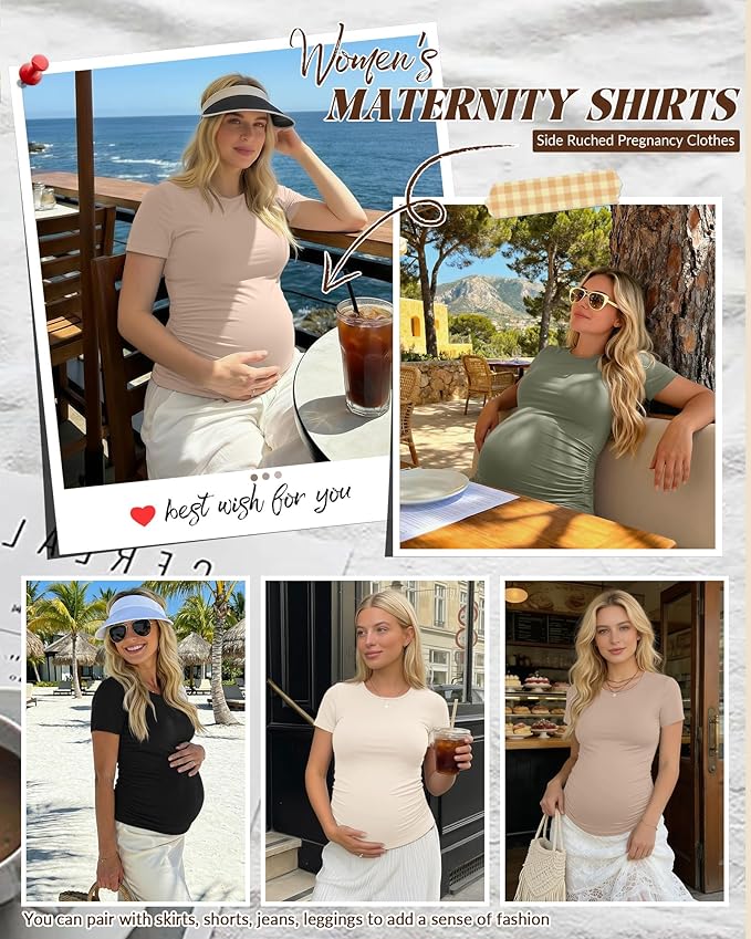 Huukeay 4 Pack Women's Maternity Shirts, Crew Neck Maternity Top Short Sleeve Casual Cotton Tee Side Ruched Pregnancy Clothes