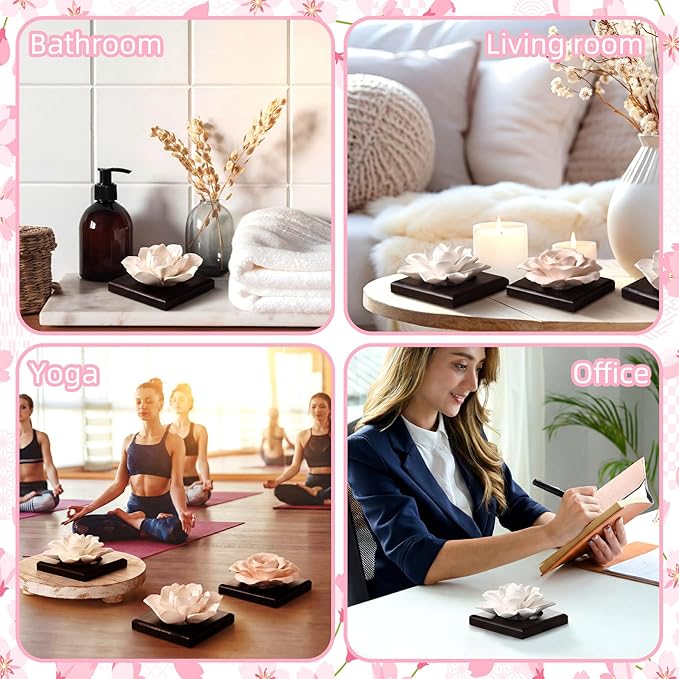 3 Pcs Passive Essential Oil Diffuser Stone Set, Magnolia Lotus Rose Flower Passive Diffusers with Wood Base for Car, Desk, Bedroom, Home Decor Gift, No Essential Oil(Black)