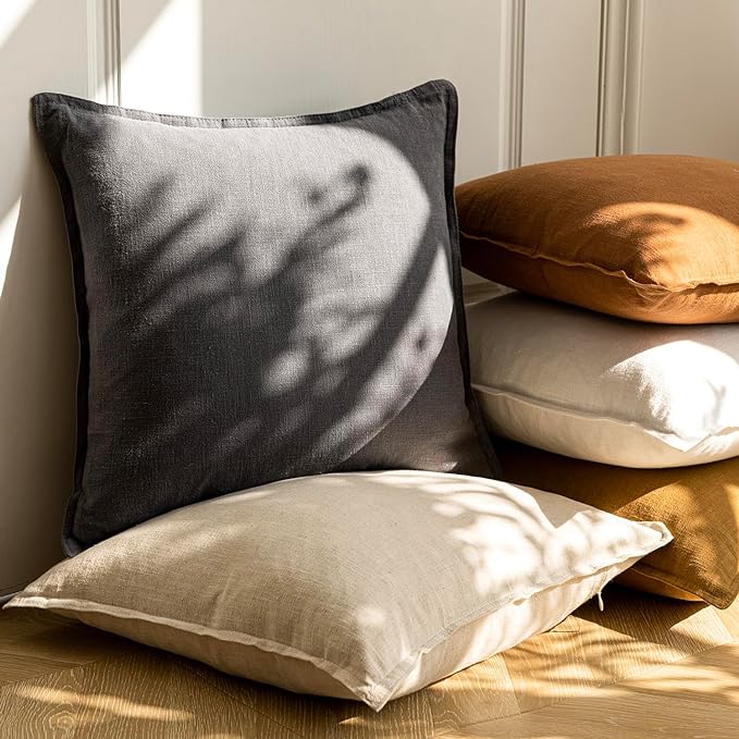 Foindtower Pack of 2, Decorative Linen Soild Throw Pillow Covers Soft Accent Cushion Case Boho Farmhouse Neutral Pillowcase for Couch Sofa Bedroom Living Room Home Decor 18 x 18 Inch Natural Beige