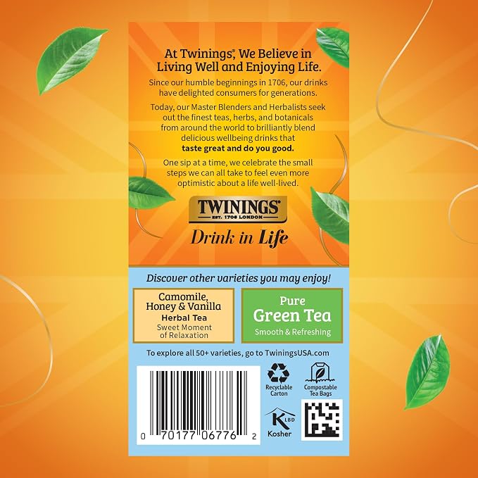 Twinings Pure Camomile Herbal Tea Individually Wrapped Bags, Calming & Delicate, 20 Count (Pack of 6), Naturally Caffeine-Free, Enjoy Hot or Iced, 120 Teabags