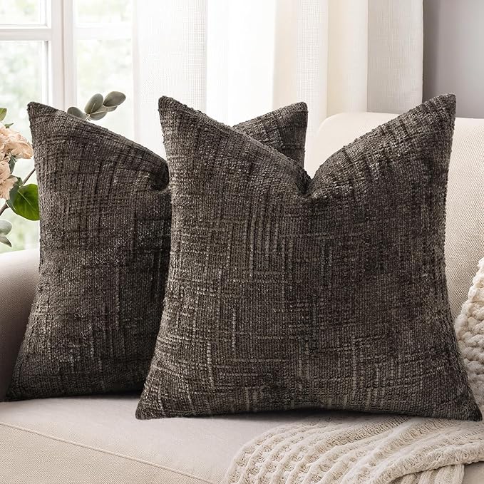decorUhome Textured Chenille Throw Pillow Covers 22x22 Set of 2 Dark Brown | Fall Modern Farmhouse Soft Cozy Slubby Couch Pillow Cases Boho Decorative Pillow Cases for Bed Sofa Living Room Home Decor