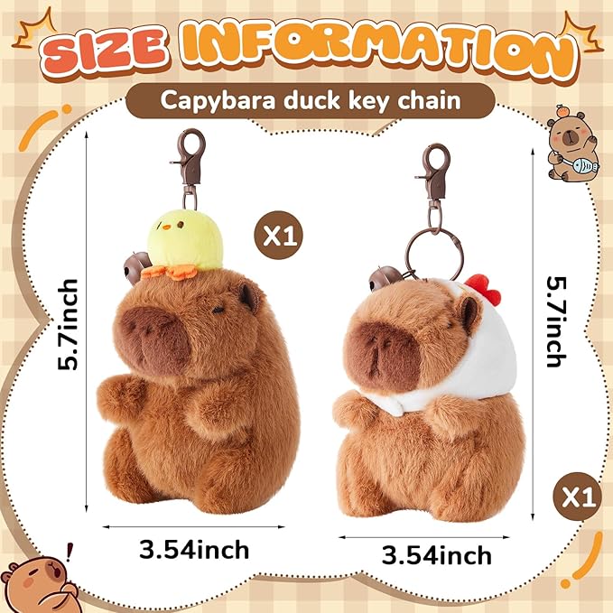 2 Pcs Capybara Plush Keychain Capybara Stuffed Animals Plush Pendant for Christmas Gifts Exchange Birthday Party(White Hat, Duck)
