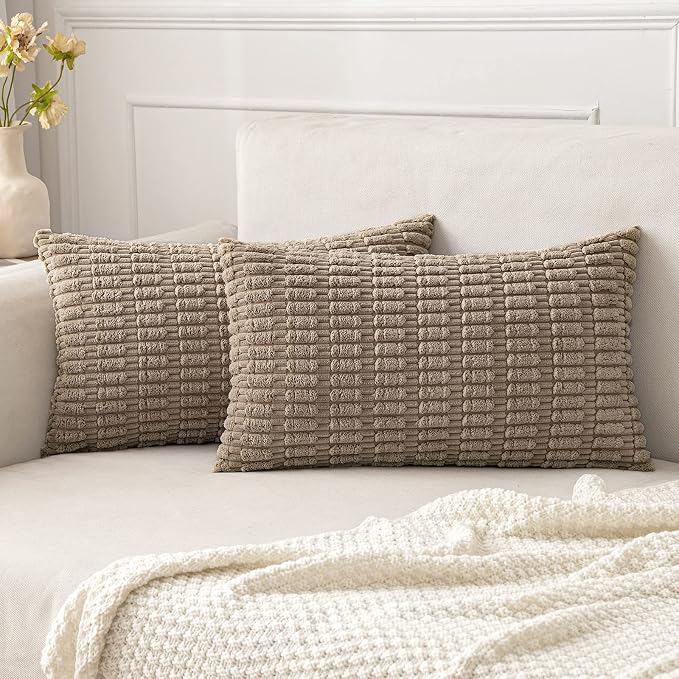 MIULEE Lumbar Corduroy Decorative Throw Pillow Covers 12x20 Light Brown | Pack of 2 Soft Boho Striped Pillow Covers Modern Farmhouse Fall Home Decor For Sofa Living Room Couch Bed