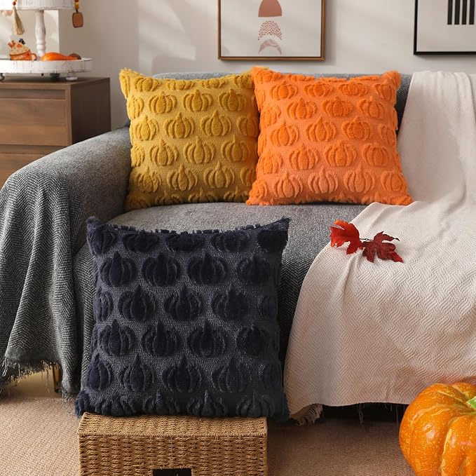 DFXSZ Fall Pillow Covers 20x20 2Pcs Orange Pumpkin Fall Decoration for Home | Fall decor Set of 2 Throw Pillow Cases Soft Plush Faux Fur Wool Couch Cushion for Chair Sofa Bedroom Living Room Home Decor