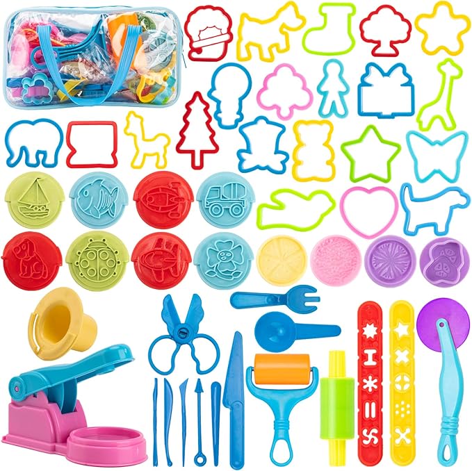 Dough Tools for Kids, 46Pcs Dough Toys Include Play Food Molds - Cupcakes, Ice Cream, Noodle, Play Bulk Pack with Roller, Cutters, Scissor, DoughMat and Storage Bag Gifts (Tools)