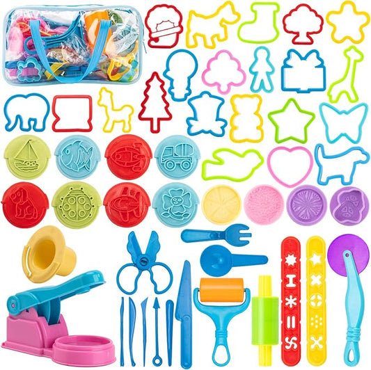 Dough Tools for Kids, 46Pcs Dough Toys Include Play Food Molds - Cupcakes, Ice Cream, Noodle, Play Bulk Pack with Roller, Cutters, Scissor, DoughMat and Storage Bag Gifts (Tools)