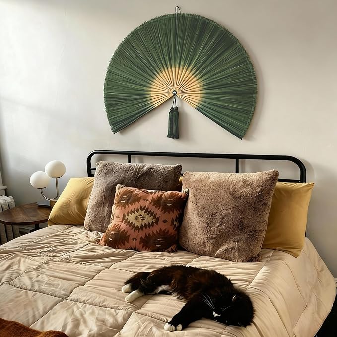 ChumDecor Bamboo Fan Wall Decor,Japanese Chinese Wall Fans,Large Bamboo Fan Wall Art for Boho Hanging Headboard, Decorative Folding Fans (Dark Moss Green 60inch)