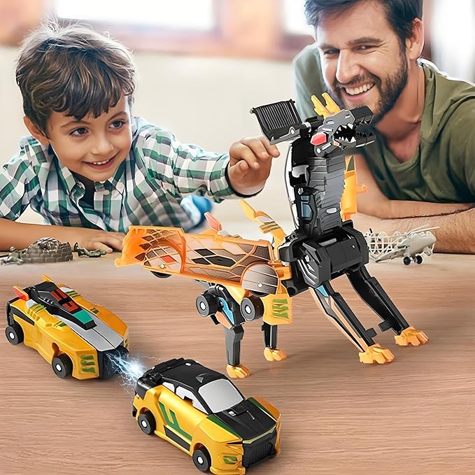 Transforming Dinosaur Toys, 2 in 1 Magnetic Cars Collision Transform into Dino Toys, for Boys Girls Toy Age 2-12, Christmas Birthday Gift (Gold Blue)