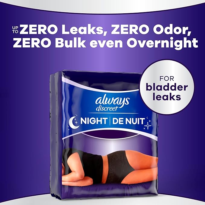 Always Discreet Night, Reimagined Adult Diapers for Women, Extended Overnight Absorbency Incontinence and Postpartum Underwear Size S/M, 360 Degree Coverage While Laying Down, 48 Count