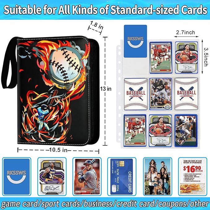 Baseball Card Binder, 900 Pocket Baseball Card Holder with 50 Removable Sleeves, Creative Design Zipper Sports Card Binder Sheets Display Storage for Collectors Boys and Girls Gift (RED 900 CARD)