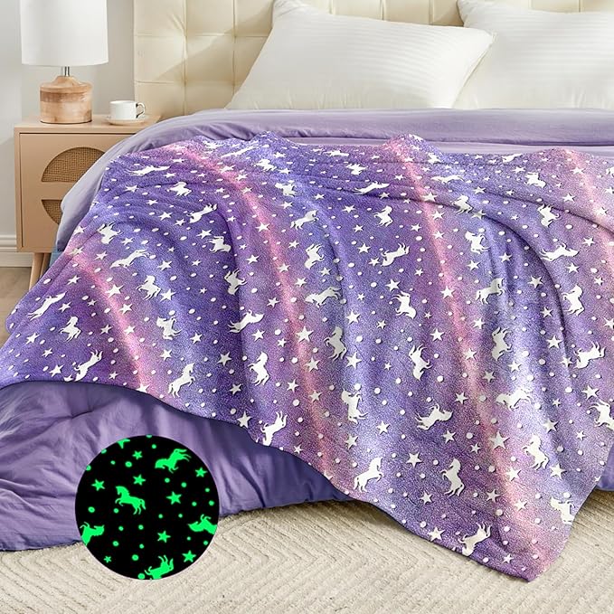 Wajade Unicorn Gifts Toys for Girls - Glow in The Dark Unicorn Blanket Birthday Christmas Decor for Kids Age 3 4 5 6 7 8 9 10 11 12 Years Old Teens Child Toddler Throw Purple 60"x80"