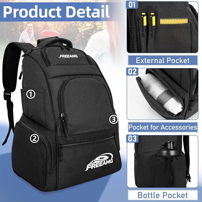 Disc Golf Bag Holds 10-25+ Discs, Disc Golf Backpack, Large Capacity Golf Bags with Mutiple Pockets, Disc Golf Accessories or Great Gifts for Men (Black)