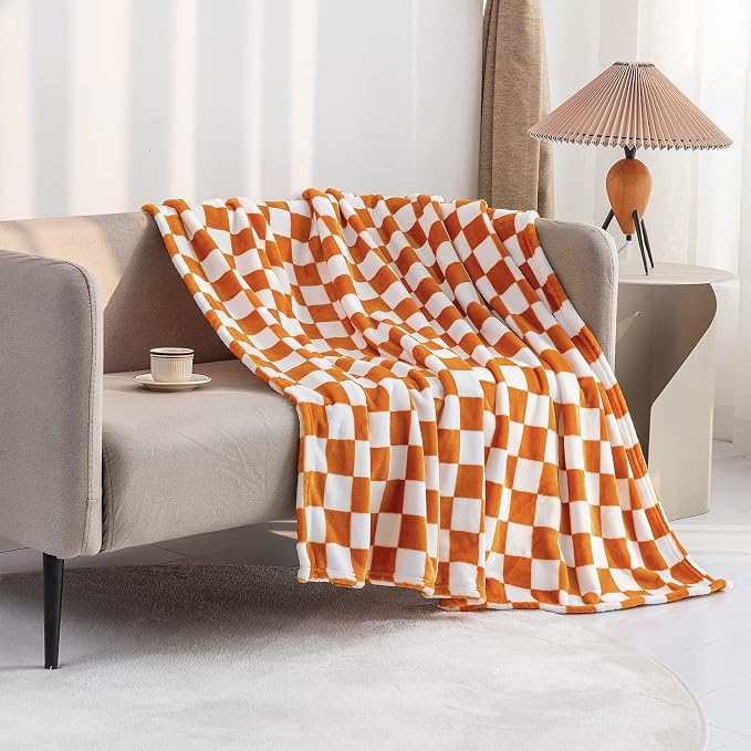 LOMAO Throw Blankets Flannel Blanket with Checkerboard Grid Pattern Soft Throw Blanket for Couch, Bed, Sofa Luxurious Warm and Cozy for All Seasons (Orange, 60"x80")