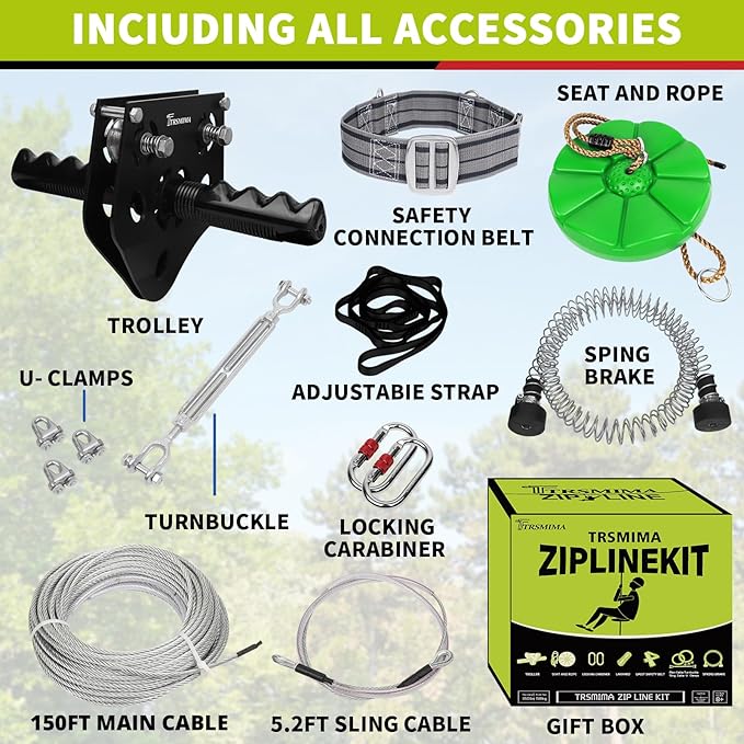 150/180/200 Feet Zip Line Kit for Kids and Adult Up to 330 lb with Zipline Spring Brake and Safety Harness, Zip line Trolley with Handle and Thickened Seat,for Backyard Playground Entertainment