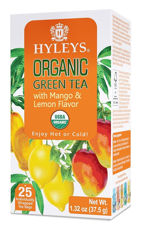 HYLEYS Organic Green Tea, Mango and Lemon Flavor - 25 Individually Wrapped Tea Bags - USDA Organic - Kosher & Vegan