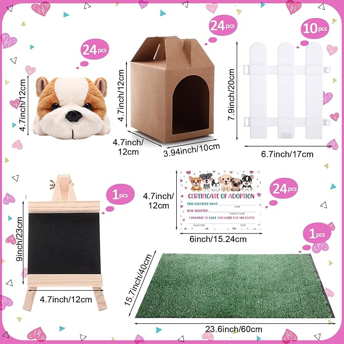 84 Pcs Adopt a Pet Party Favors 24 Mini Plush Stuffed Animals 10 White Plastic Fence 24 Paper Gift Boxes 24 Adoption Cards with Mini Chalkboard and Artificial Lawn(Shar Pei)
