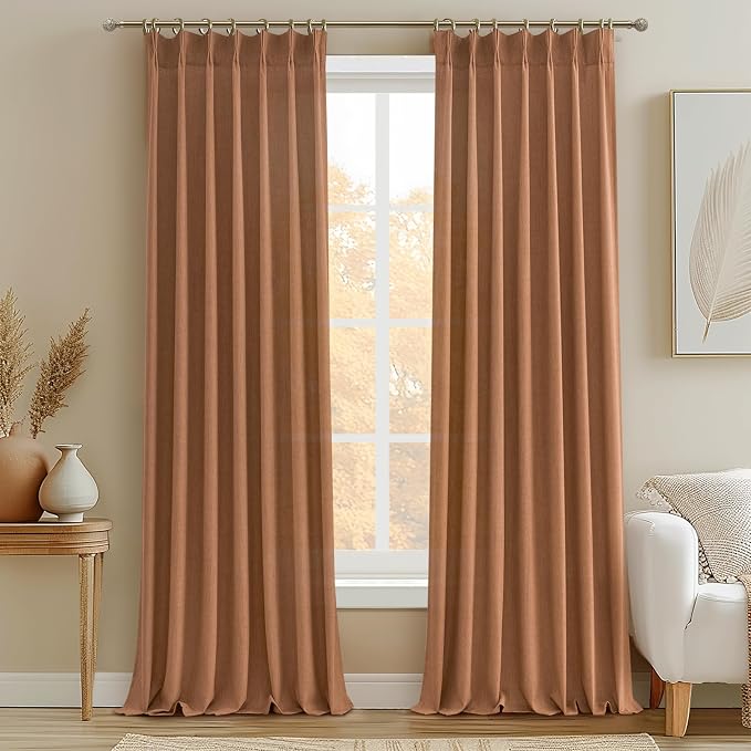 Terracotta Soft Thick Linen Curtains 120 Inches Long for Living Room, Farmhouse Burnt Orange Curtains Light Filtering for Bedroom/Dining Room Western Semi Sheer Pleat Memory Shape Drapes 2 Panels Set