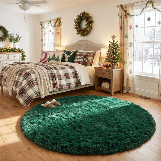 Amdrebio Dark Green Round Rug 4Ft for Bedroom, Fluffy Fuzzy Circle Area Rugs for Living Room Decor, Shaggy Emerald Green Rugs for Kids, Teen Boys, Baby Nursery, Furry Plush Floor Carpet for Classroom