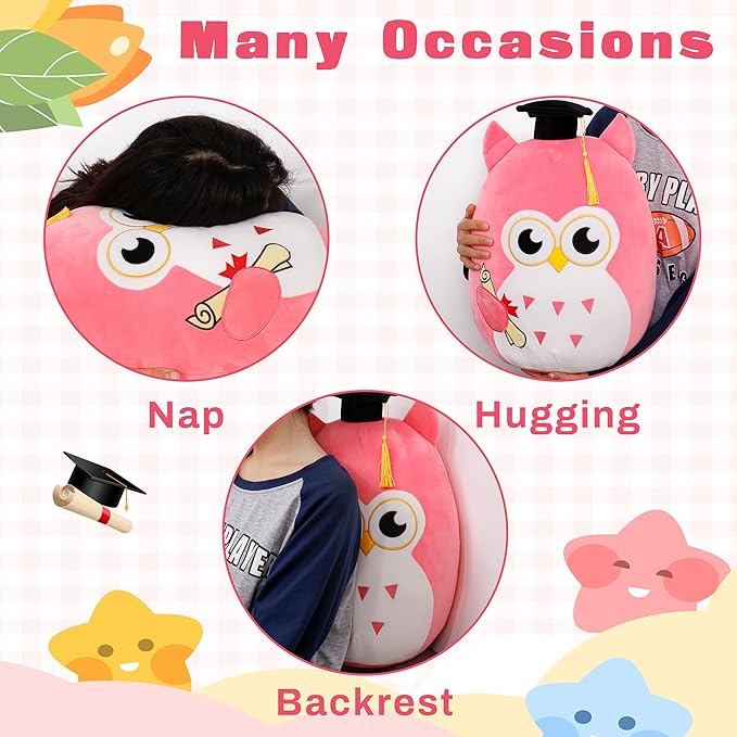 Our Honor Plush Soft Owl Stuffed Animal with Pink Body and Ears, Black Graduation Cap, Fringe and Diploma, Cute Pillow Toy Graduation Gift for Her, Kids