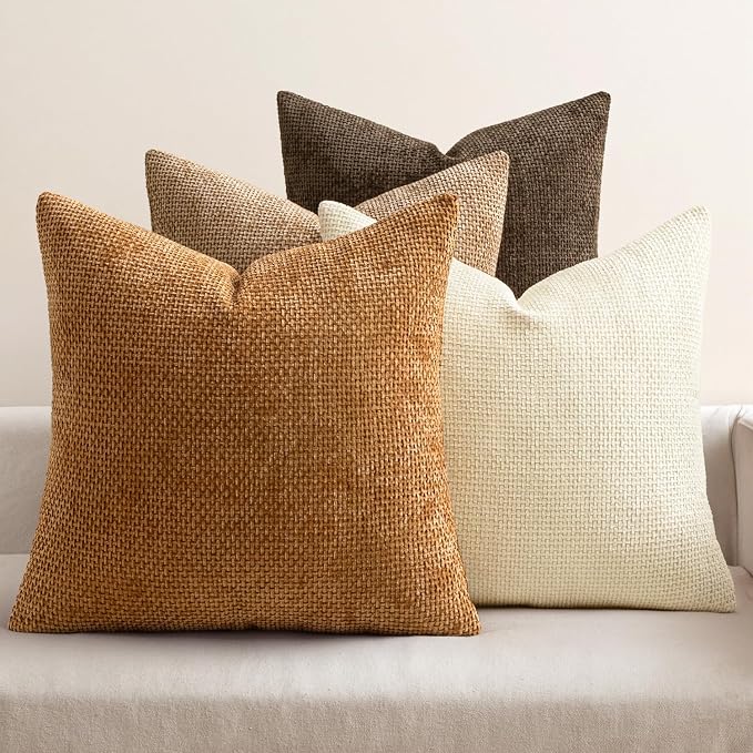 MIULEE Soft Decorative Chenille Fall Pillow Covers Brown 20x20 Pack of 4 | Rustic Home Decor, Layered Brown Collection, Couch Throw Pillows, Farmhouse Boho Cushion Covers for Sofa Bed Living Room
