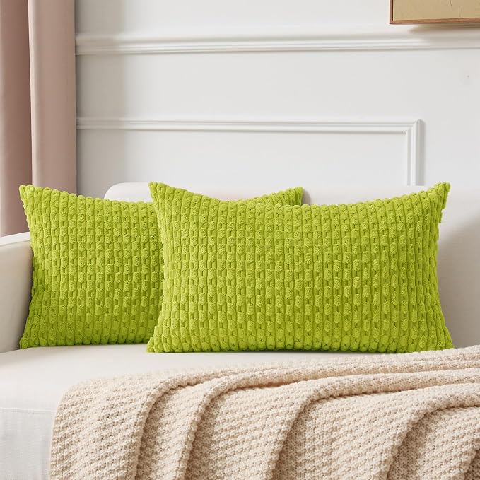 Kevin Textile Soft Corduroy 12"x20" Lumbar Pillow Cover 1 Pack, Xmas Green | Boho Stripe Plush Corduroy Decorative Oblong Cushion Cover Modern Farmhouse Home Decor for Sofa Couch Bed Chair