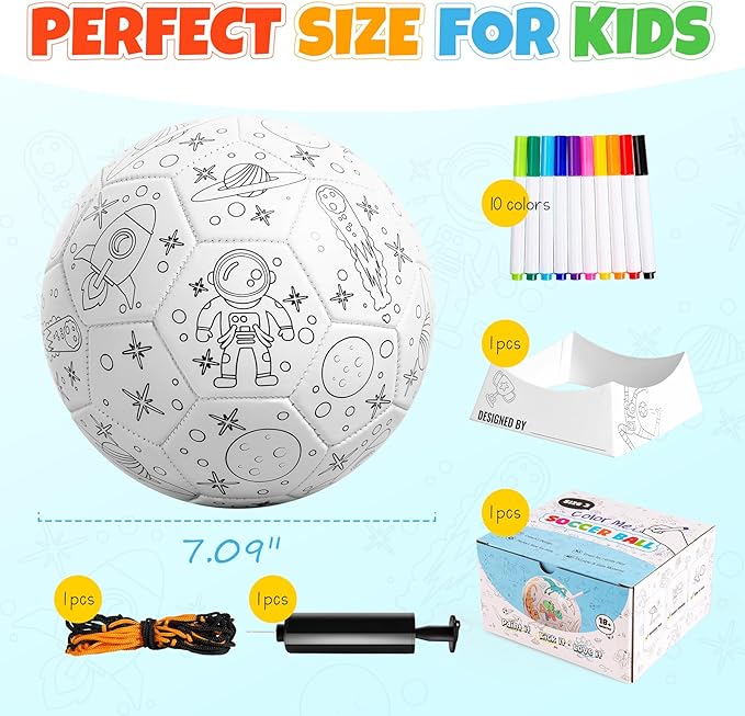 EVERICH Paint Your Own Soccer Ball with Markers, Toddler Arts and Crafts Soccer Gifts, Kids Soccer Ball Size 3 Astronaut Toys for Boys Girls, Sports Drawing DIY Design Color Play Ball Games with Pump
