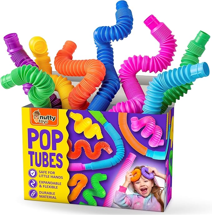 Nutty Toys Pop Tubes - Large 4-Pack Sensory Toys - Creative STEM Learning for Kids & Toddlers - Connect & Pop! Top ADHD Autism Fidget 2026, Best Boy & Girl Valentines Day and Easter Basket Gifts Idea