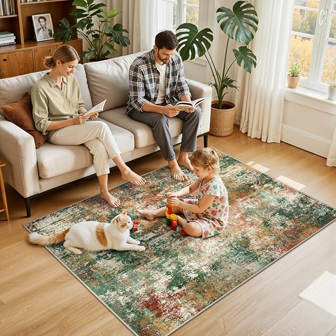 RELEANY Washable 4'x6' Abstract Area Rug for Living Room Green Multi | carpet for bedroom, kitchen, office, hallway and entryway, printed pattern, non-slip, soft, stain-resistant, easy to clean
