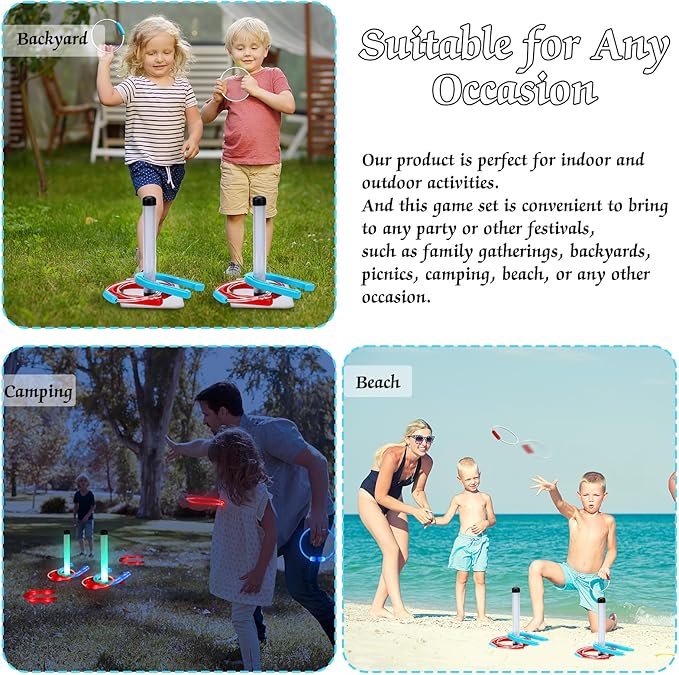Blueweenly LED Ring Toss Game for Adults and Family, 12 Pcs, Red, Blue, Green LED Horseshoes and Hoop Rings, Outdoor Yard Games