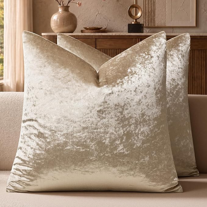GIGIZAZA Crushed Beige Velvet Throw Pillow Covers 18x18 Pack of 2 | Decorative Pillows for Couch Sofa,280gsm Soft Textured Fabric,Modern Square Pillowcases,Luxury Cushion Covers